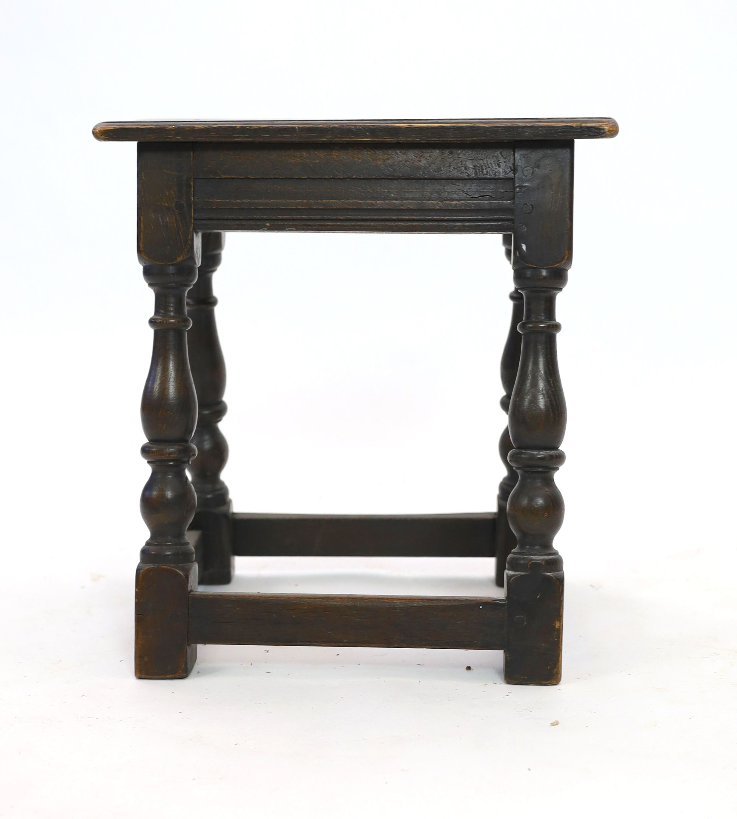 An 18th century style rectangular oak joint stool, width 42cm depth 25cm height 44cm
